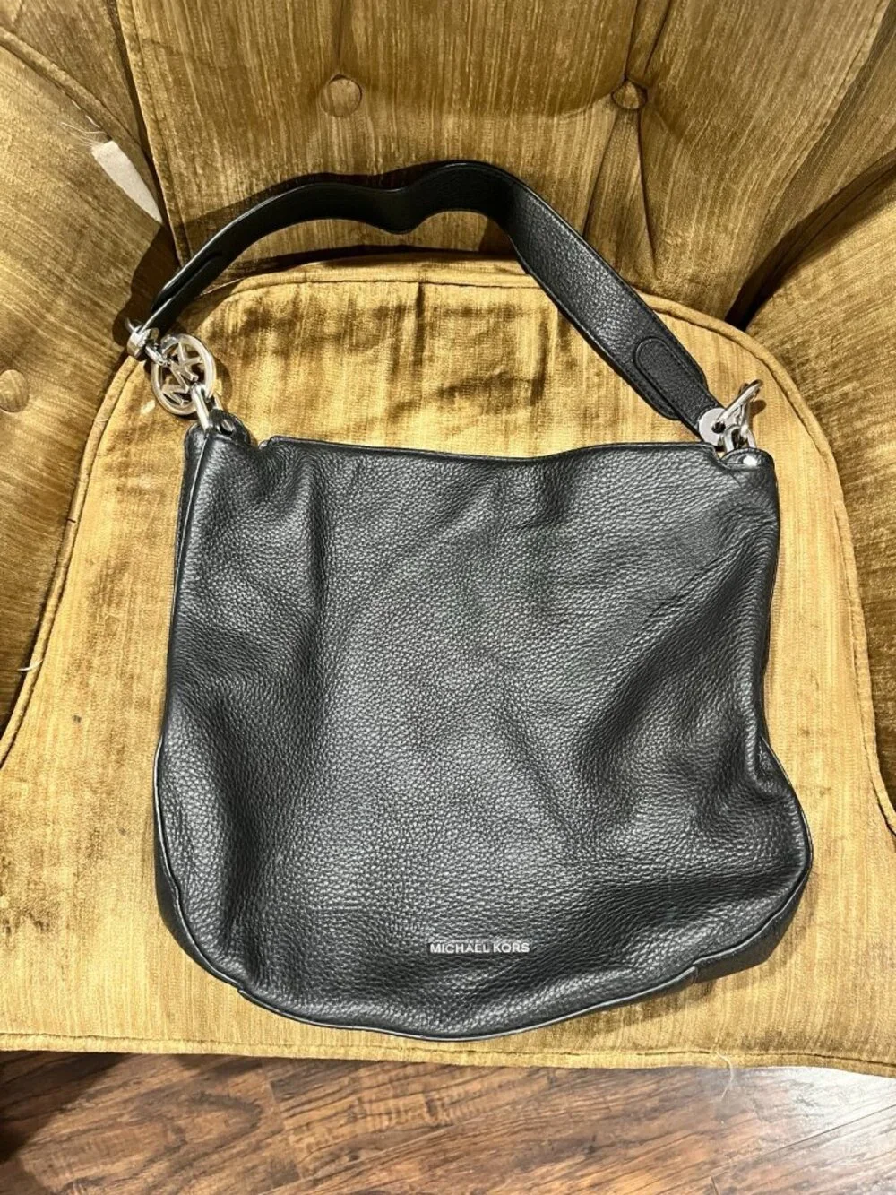 Michael Kors Black Pebbled Leather Hobo Shoulder Bag Silver Hardware 12x12x4